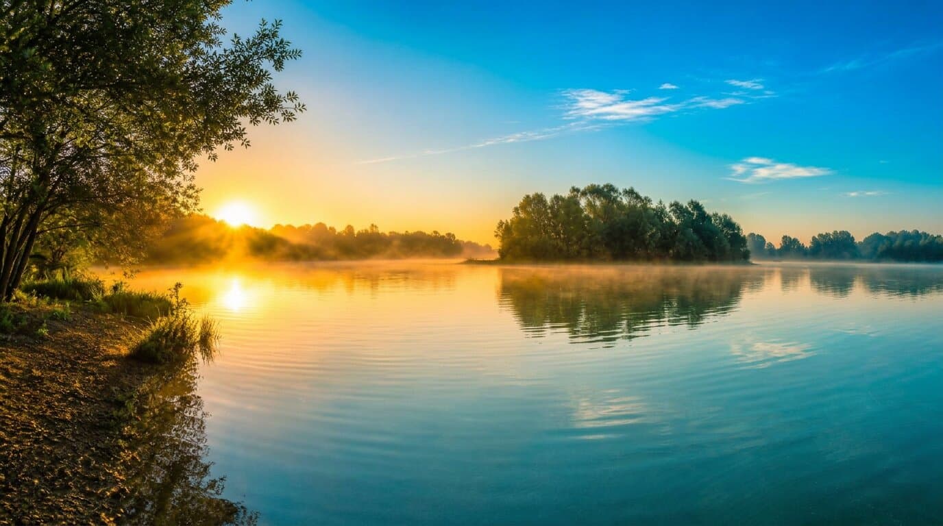 Misty French carp lake at golden sunrise under an azure sky