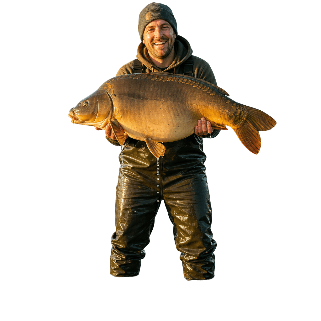 Smiling carp angler holding a big mirror carp